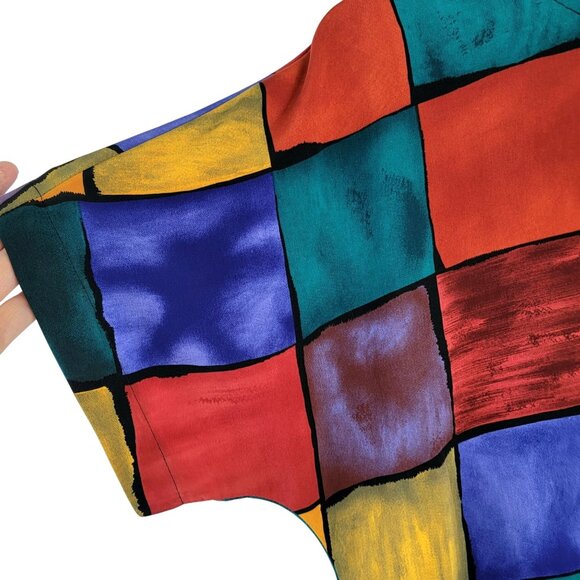 Vintage 80s Colorful Patchwork Blouse Women Small Top Shirt Short Sleeve Summer - Picture 12 of 15